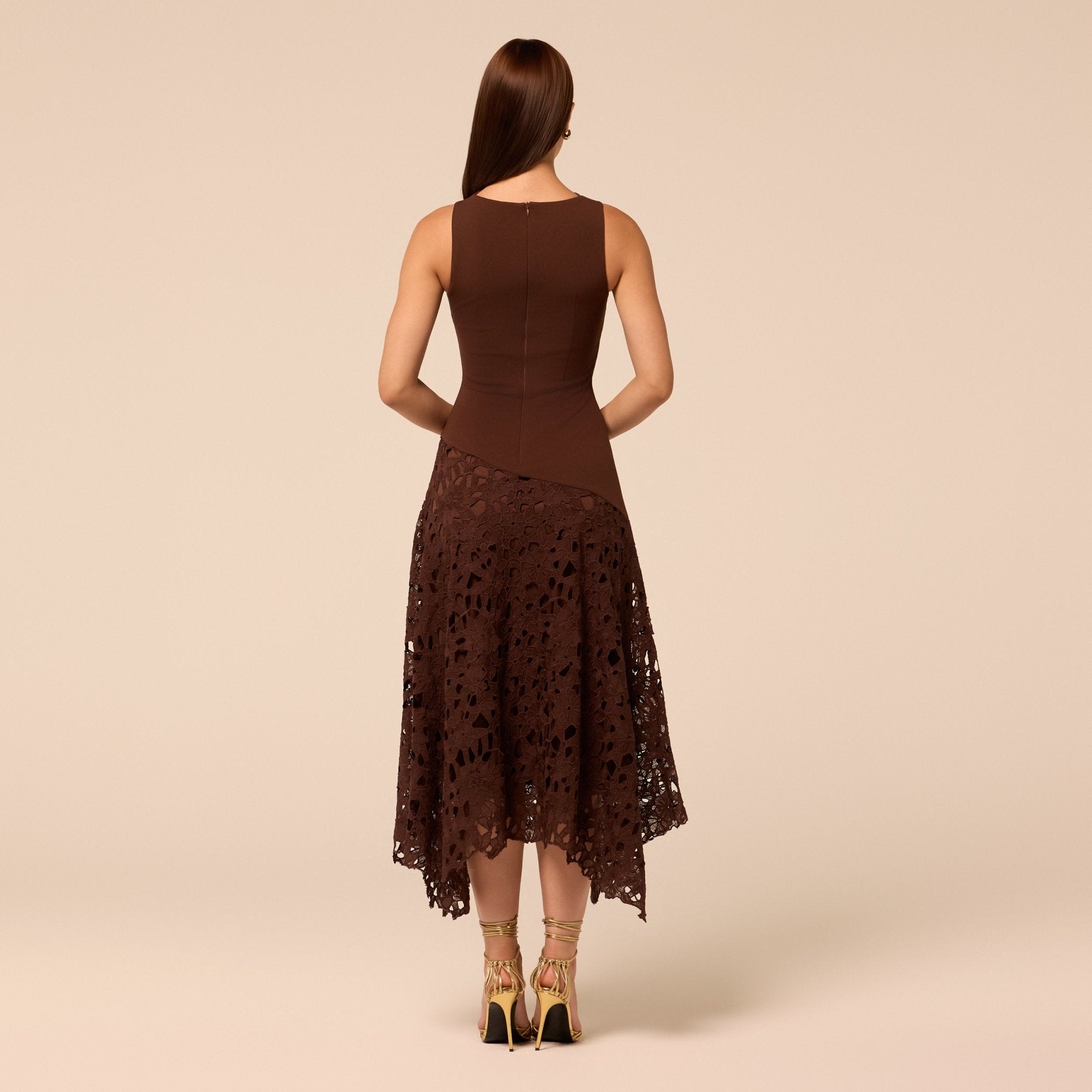Brown Asymmetric Lace-Overlay Crepe Dress - shopaleena