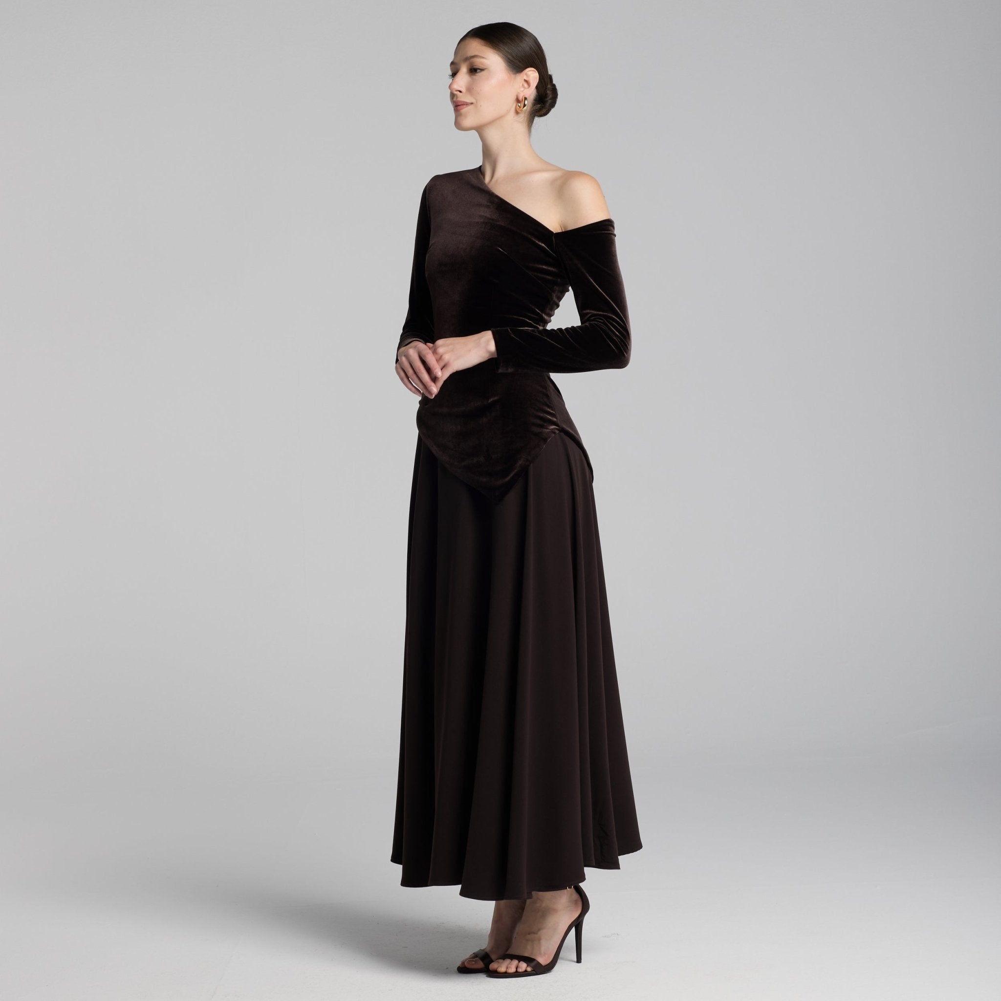 Brown Asymmetric Velvet and Crepe A - Line Dress - shopaleena