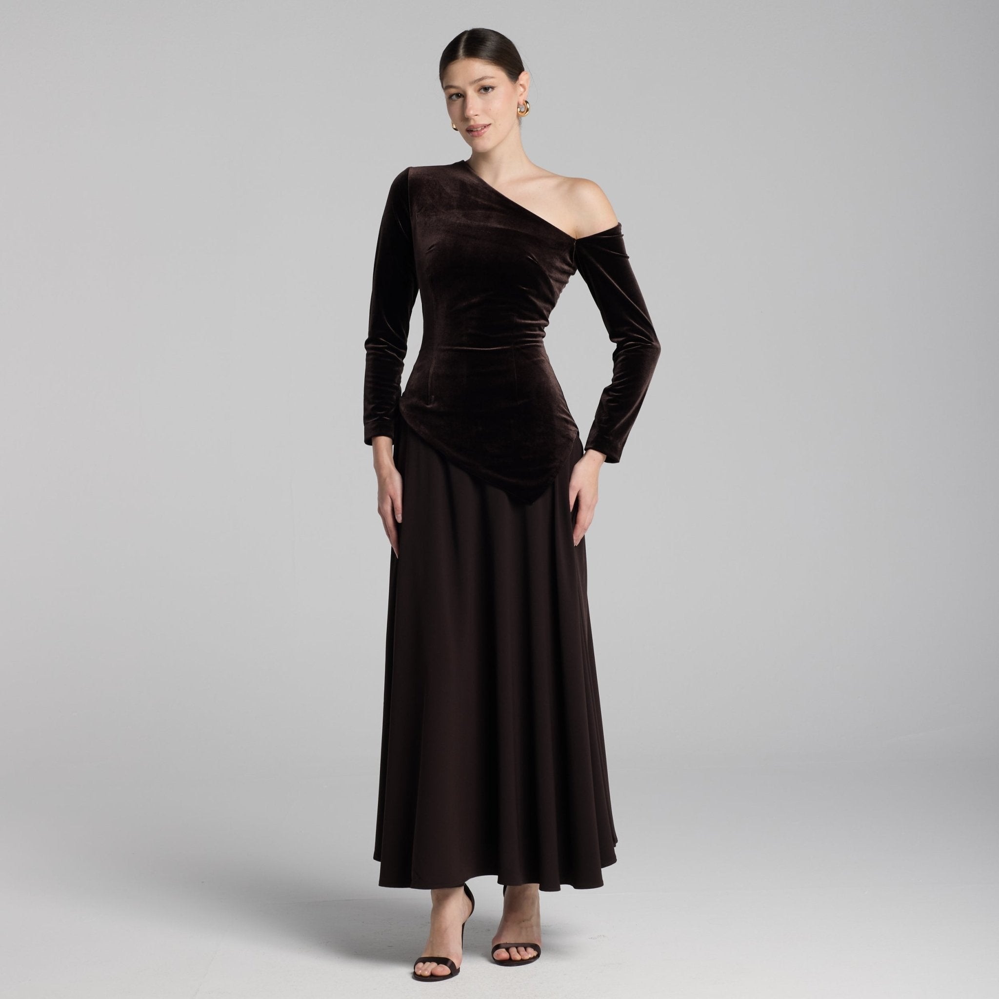 Brown Asymmetric Velvet and Crepe A - Line Dress - shopaleena