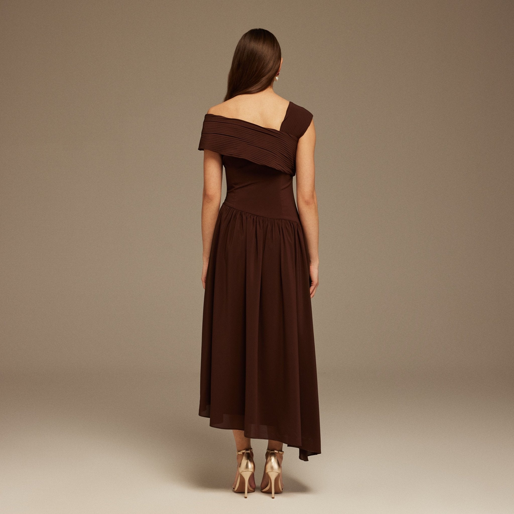 Brown Bare shoulder A-line midi dress – shopaleena