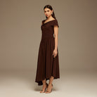 Brown Bare shoulder A - line midi dress - shopaleena