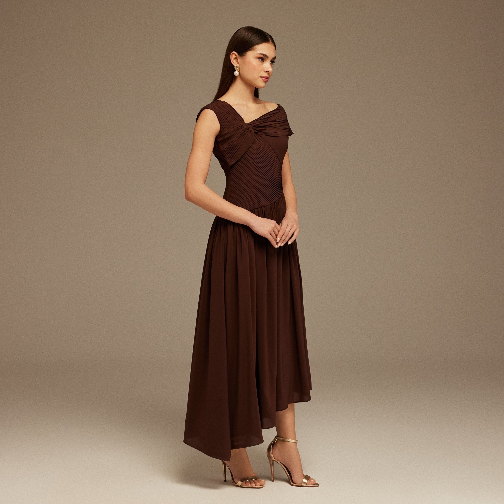 Brown Bare shoulder A - line midi dress - shopaleena