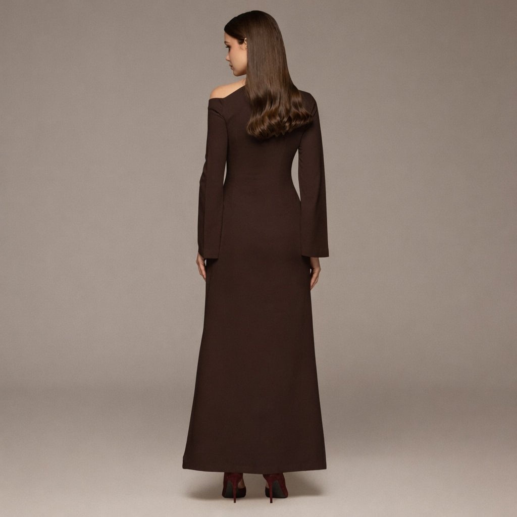 Brown Bare shoulder Crepe Maxi Dress - shopaleena