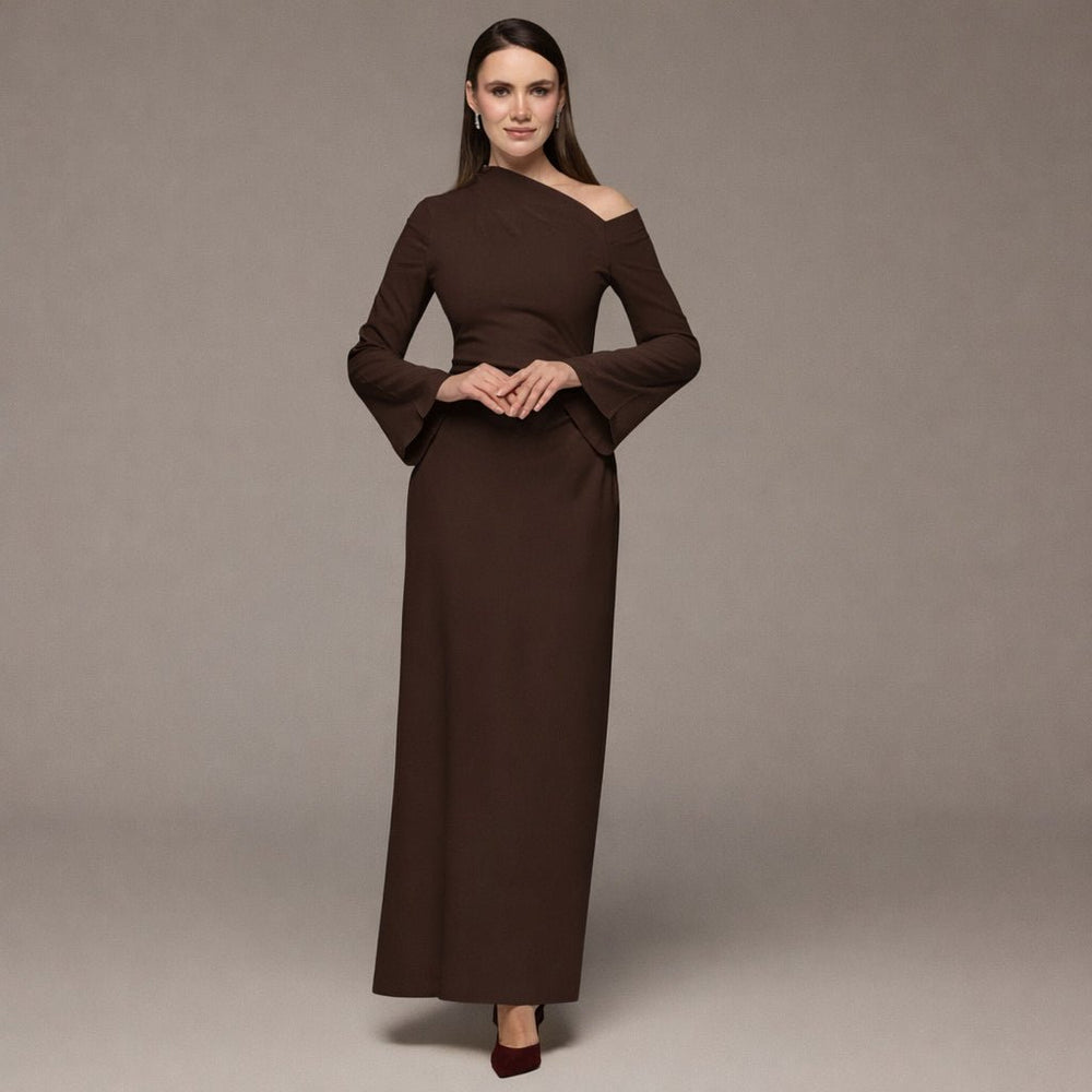 Brown Bare shoulder Crepe Maxi Dress - shopaleena