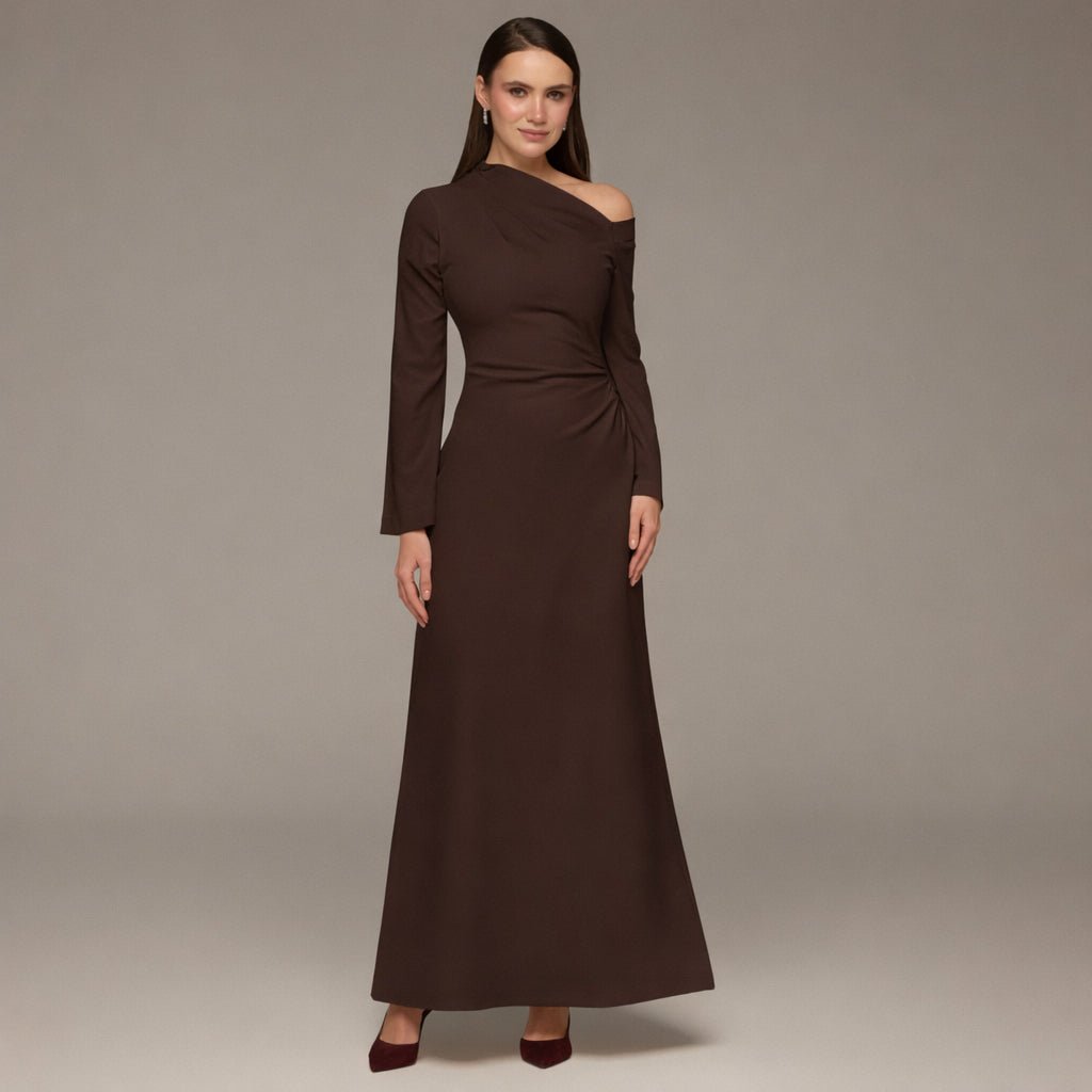 Brown Bare shoulder Crepe Maxi Dress - shopaleena