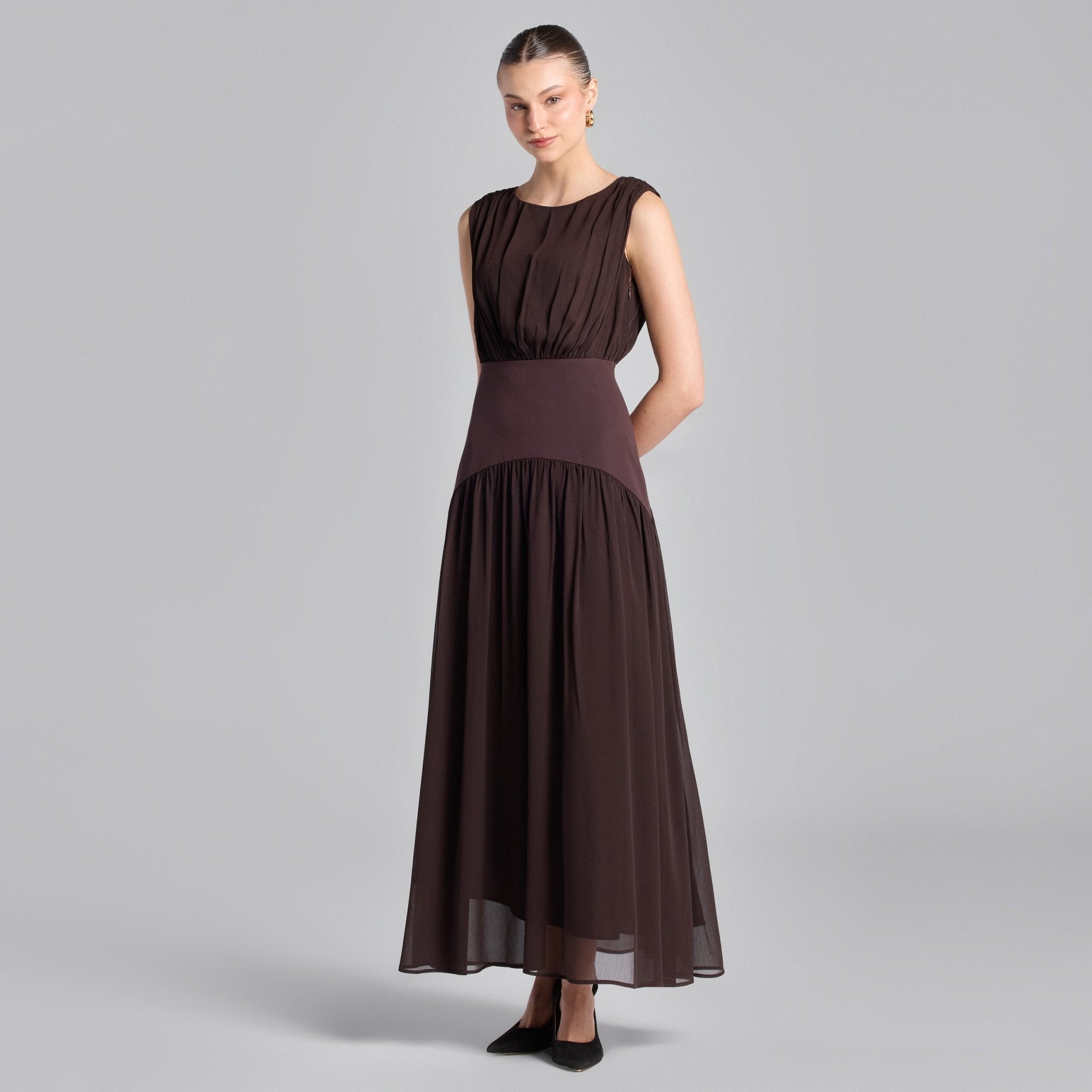 Brown Chiffon Maxi Dress with Twill Waistband - shopaleena