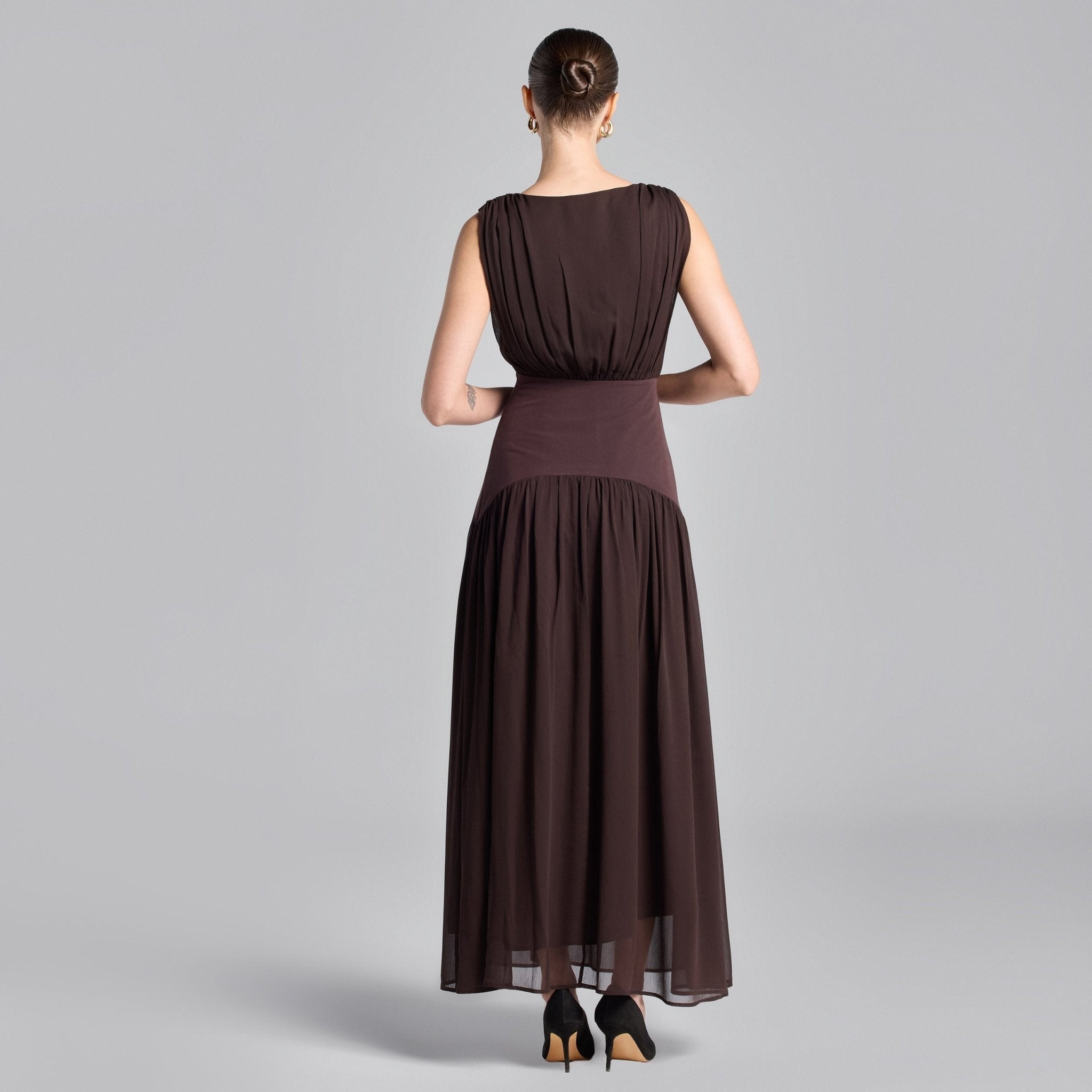 Brown Chiffon Maxi Dress with Twill Waistband - shopaleena