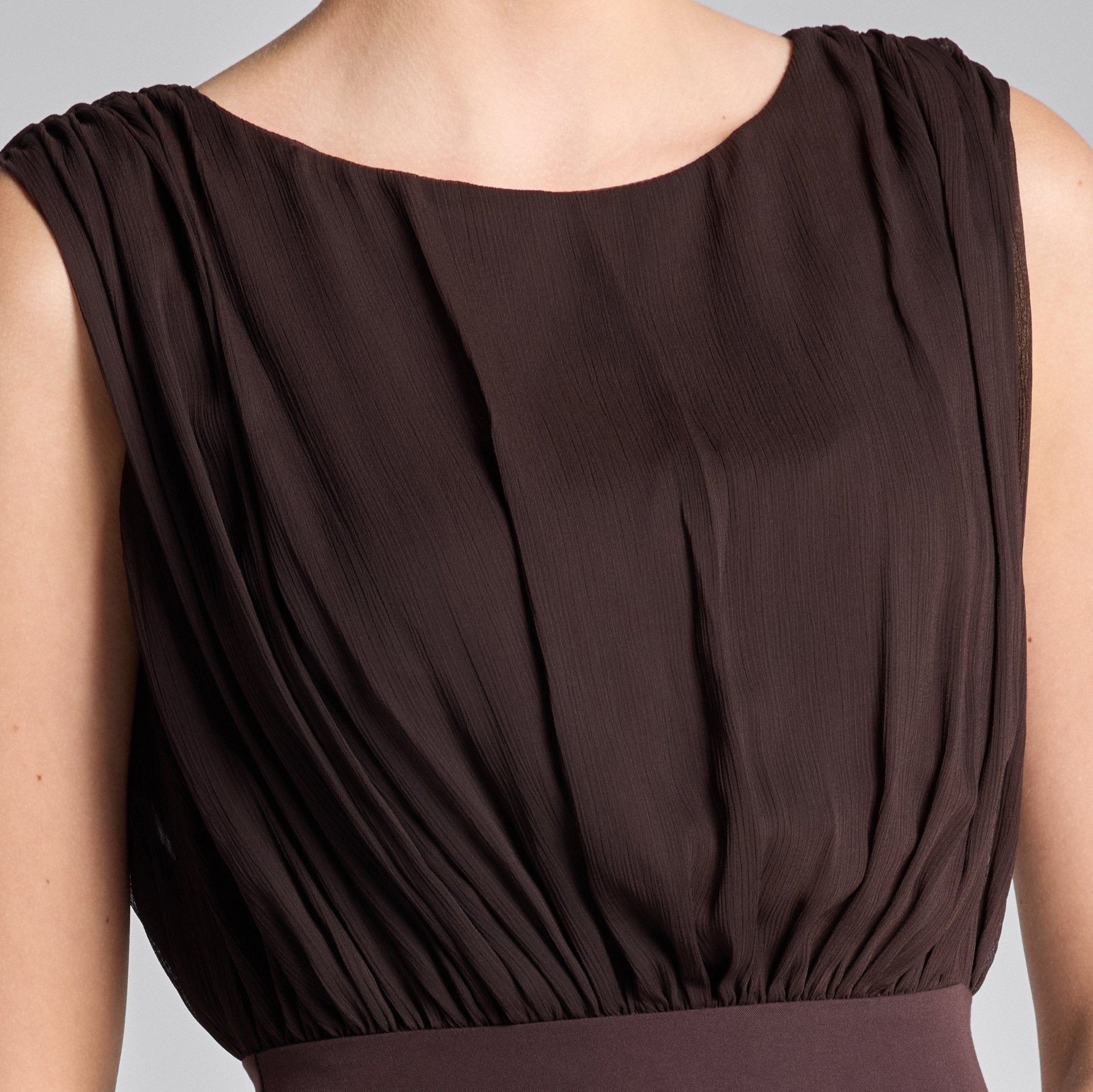 Brown Chiffon Maxi Dress with Twill Waistband - shopaleena