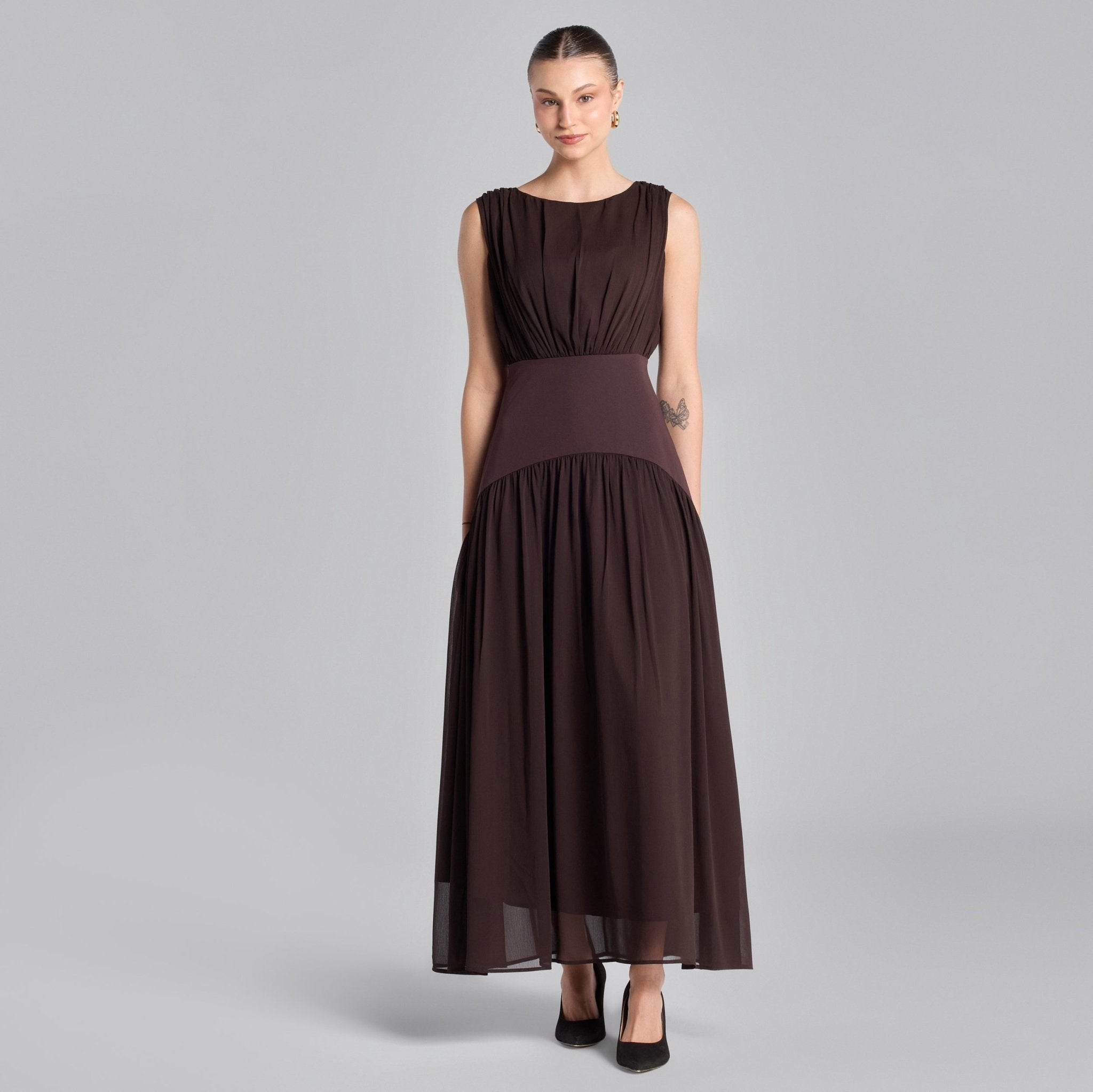 Brown Chiffon Maxi Dress with Twill Waistband - shopaleena