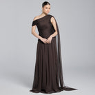 Brown Chiffon Pleated Gown with Back Scarf - shopaleena