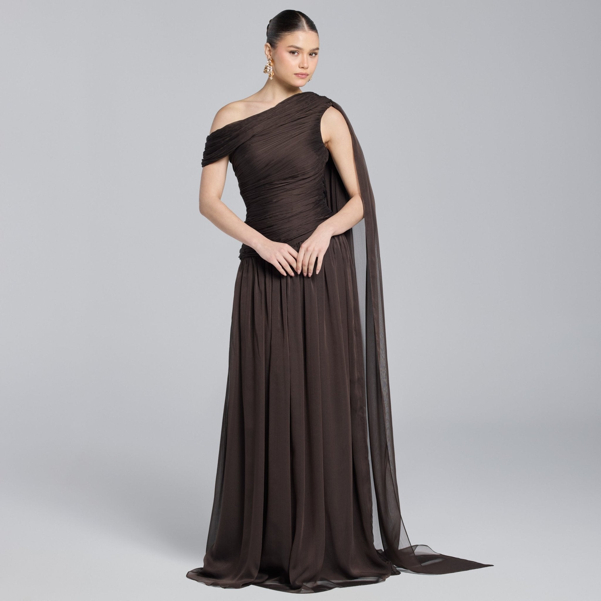 Brown Chiffon Pleated Gown with Back Scarf - shopaleena