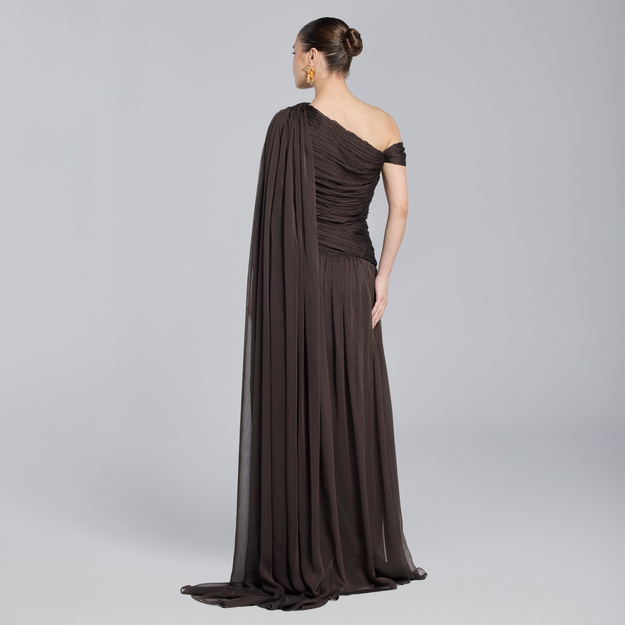 Brown Chiffon Pleated Gown with Back Scarf - shopaleena