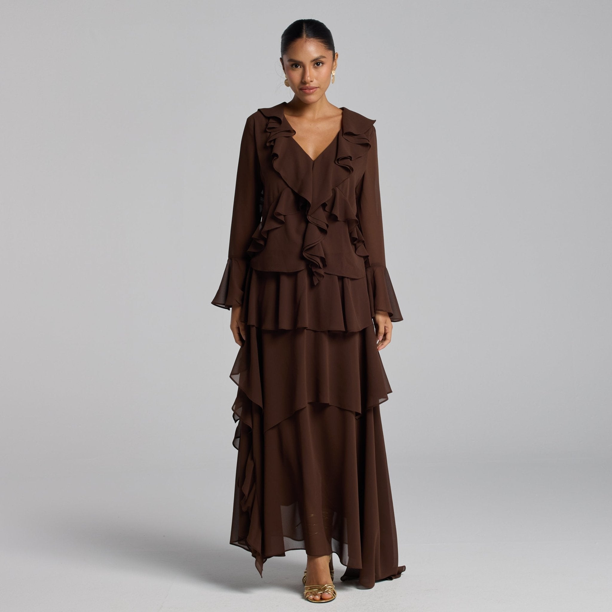 Brown Chiffon Ruffle Maxi Dress - shopaleena