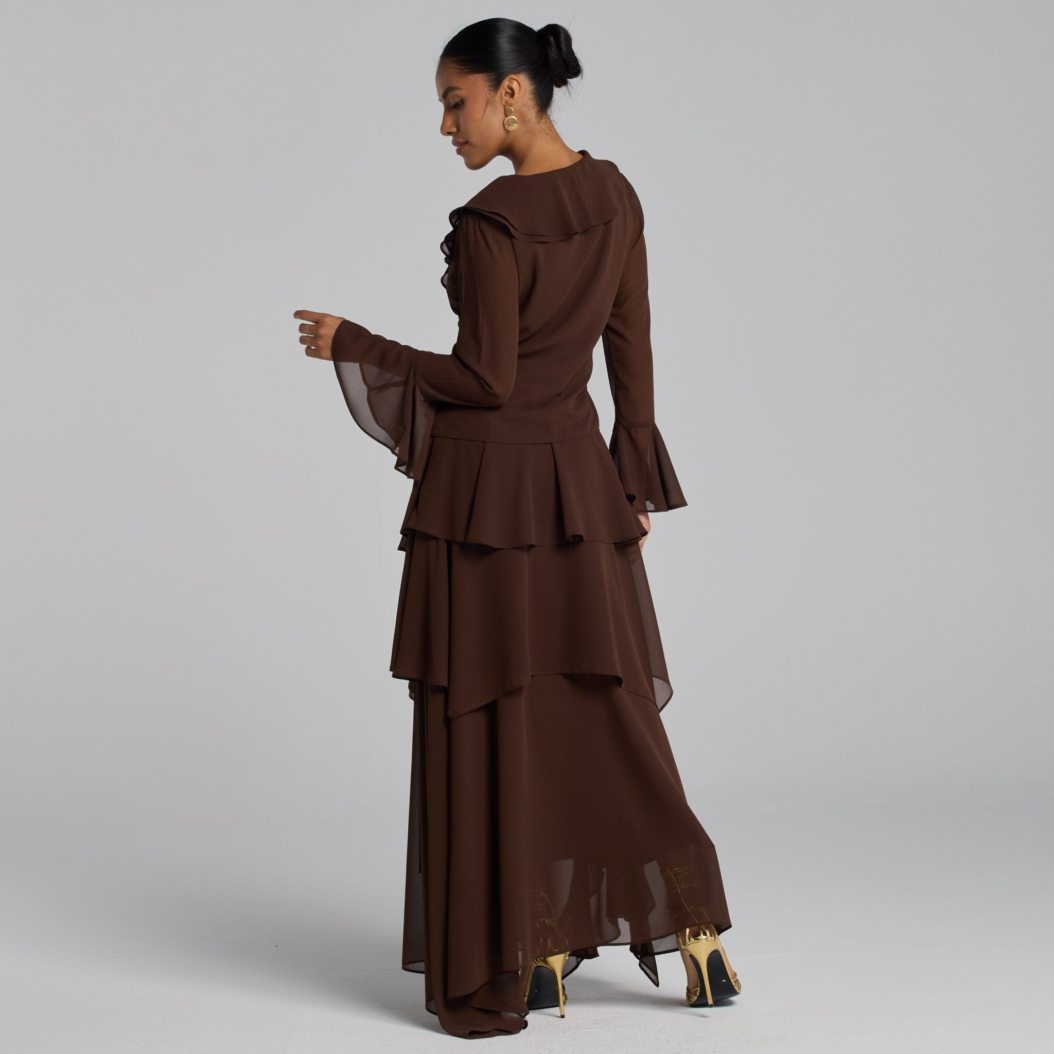 Brown Chiffon Ruffle Maxi Dress - shopaleena