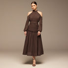 Brown Cold Shoulder Chiffon Dress - shopaleena