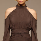 Brown Cold Shoulder Chiffon Dress - shopaleena