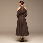 Brown Cold Shoulder Chiffon Dress - shopaleena