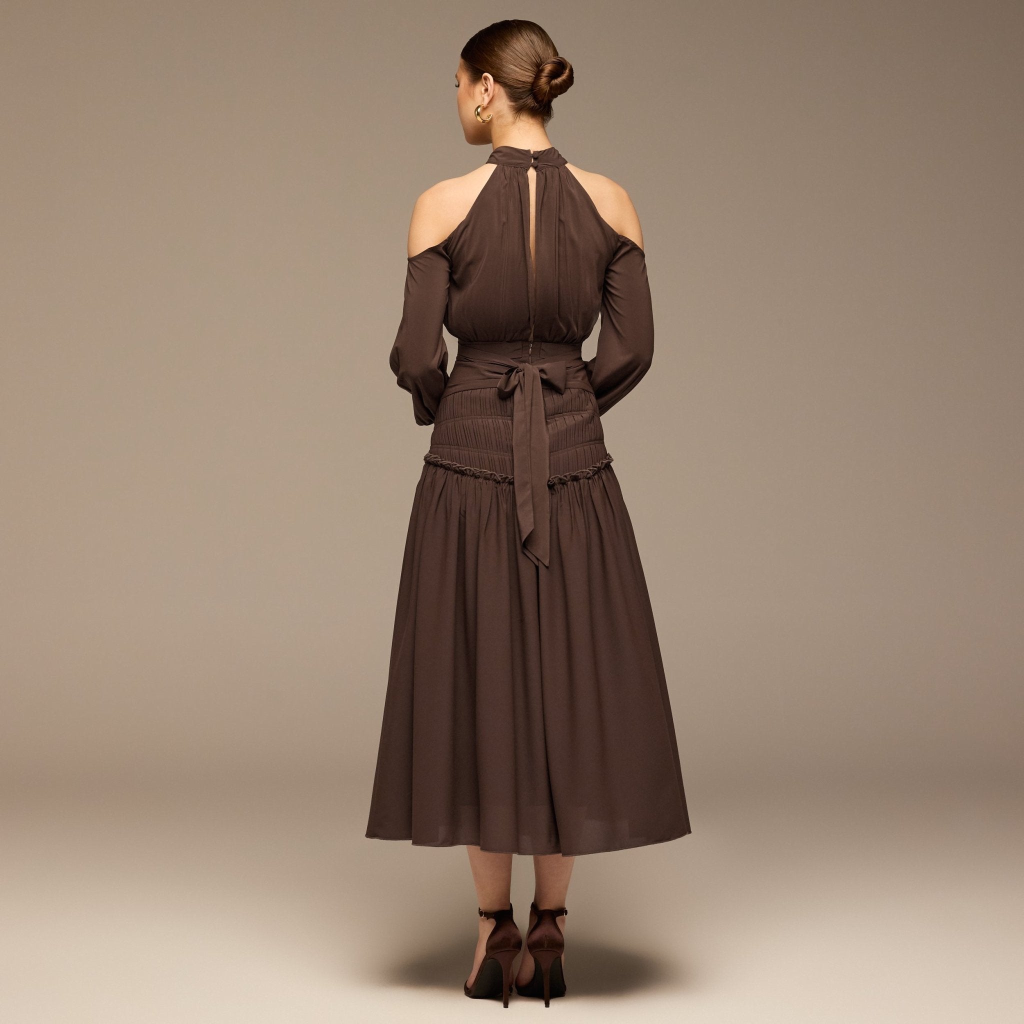 Brown Cold Shoulder Chiffon Dress - shopaleena