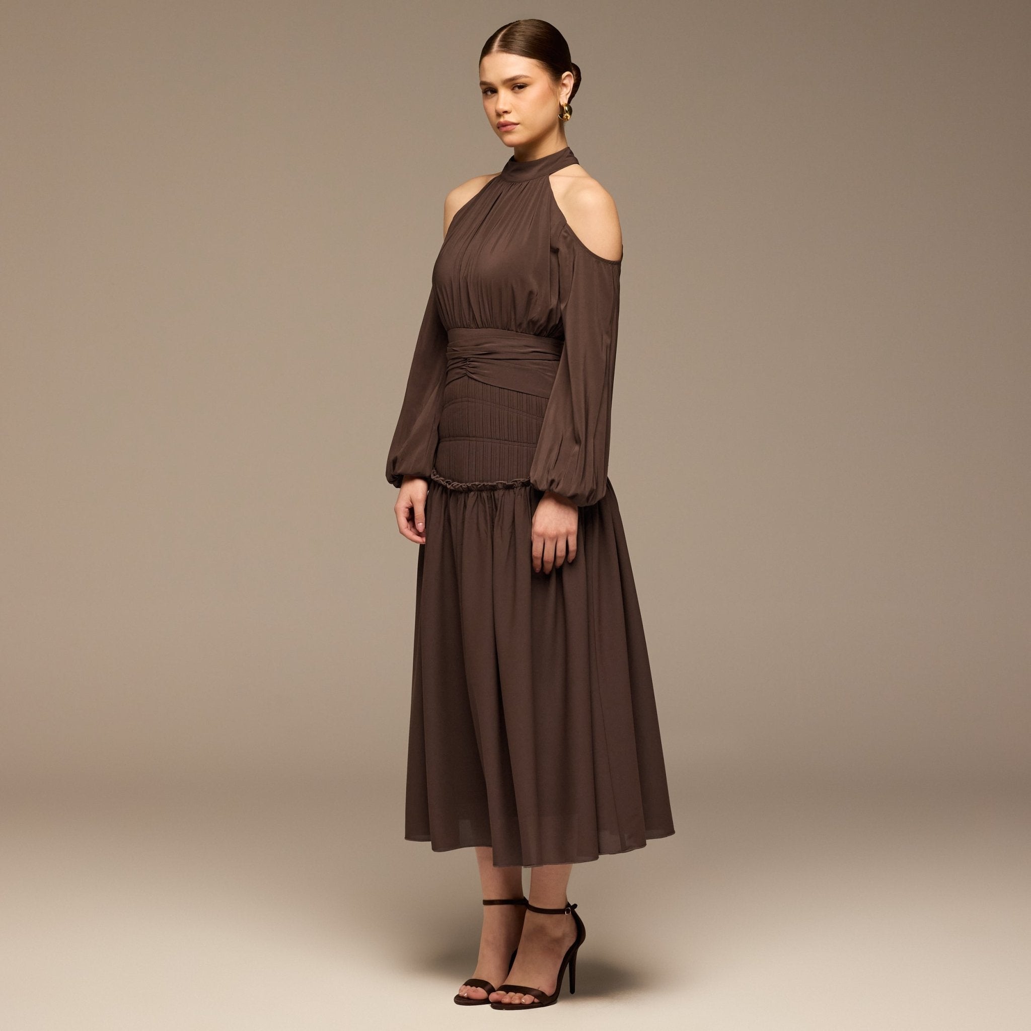 Brown Cold Shoulder Chiffon Dress - shopaleena