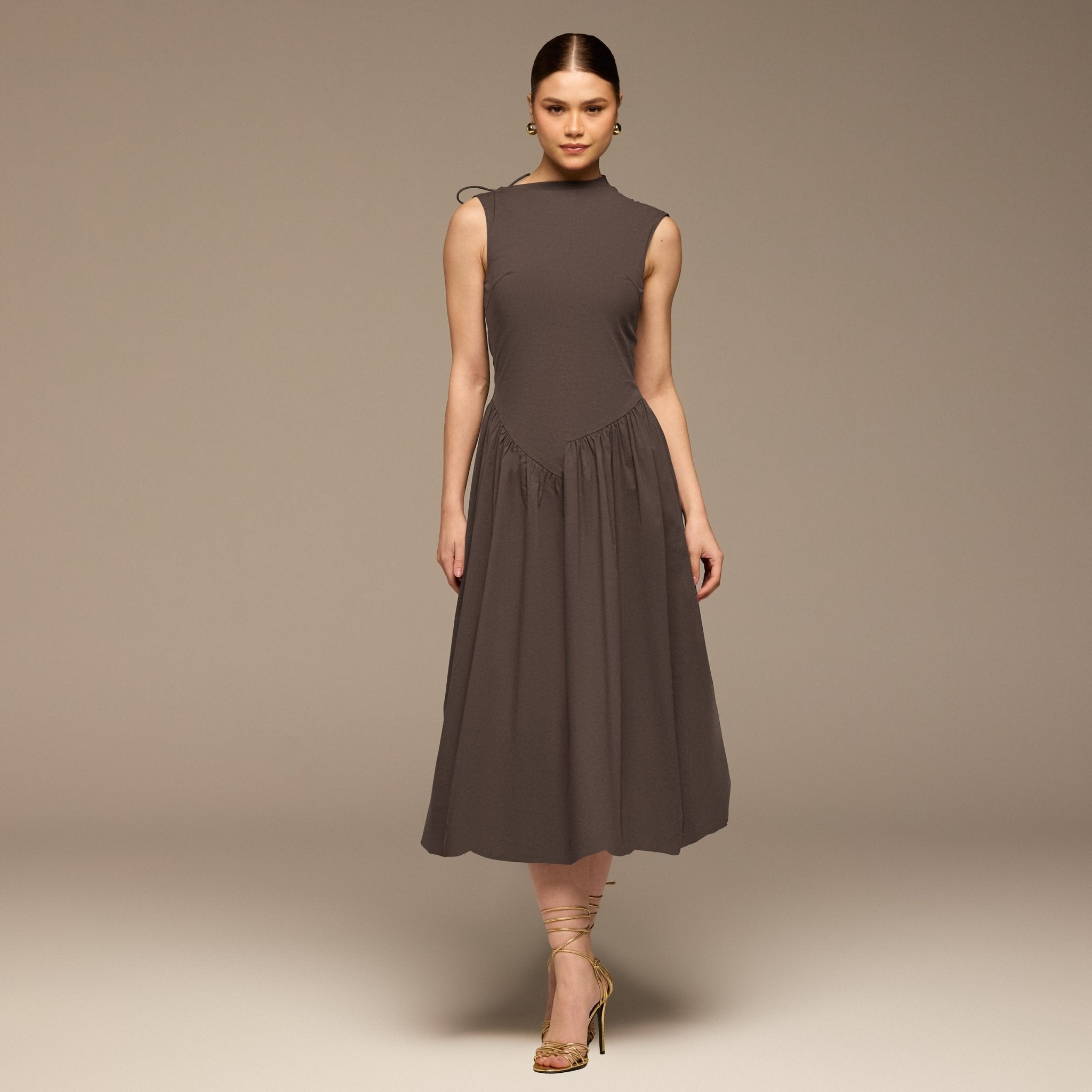 Brown Cotton Sleeveless Balloon Dress - shopaleena