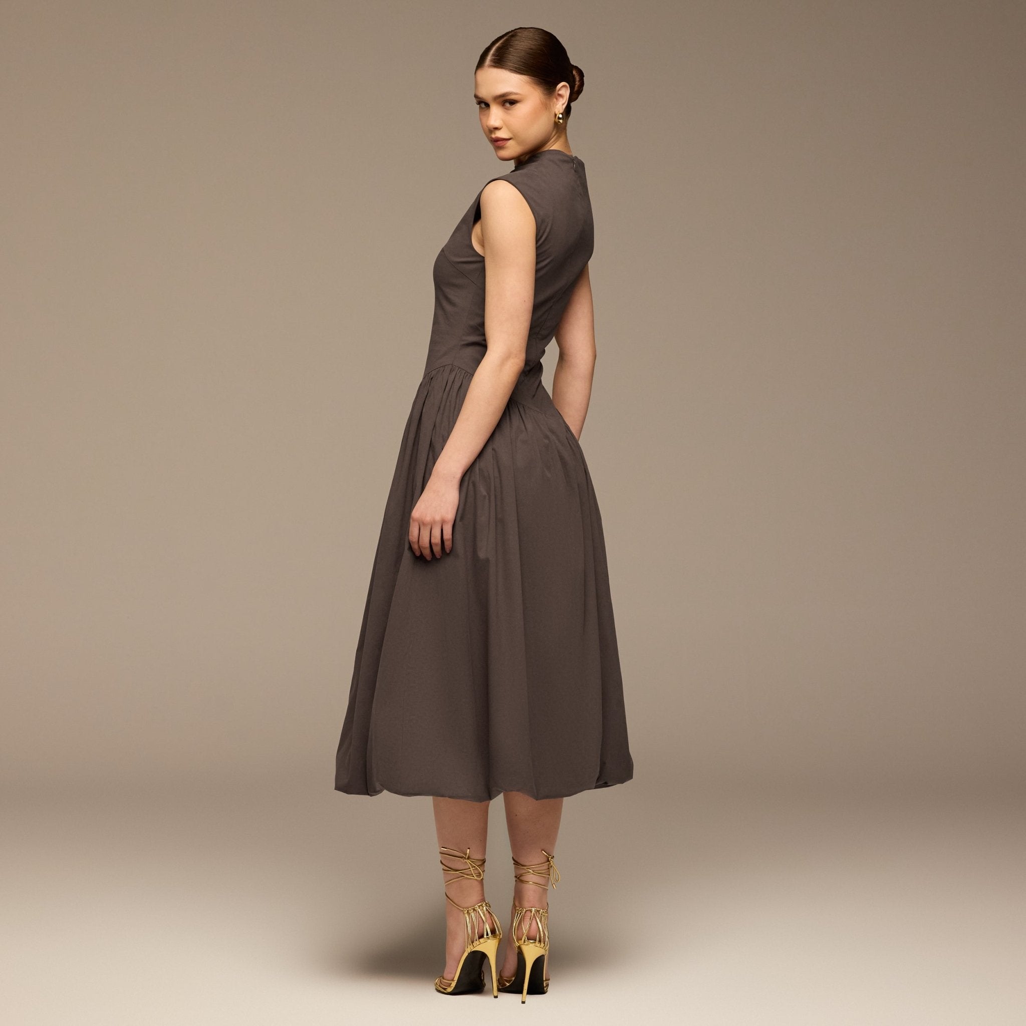 Brown Cotton Sleeveless Balloon Dress - shopaleena