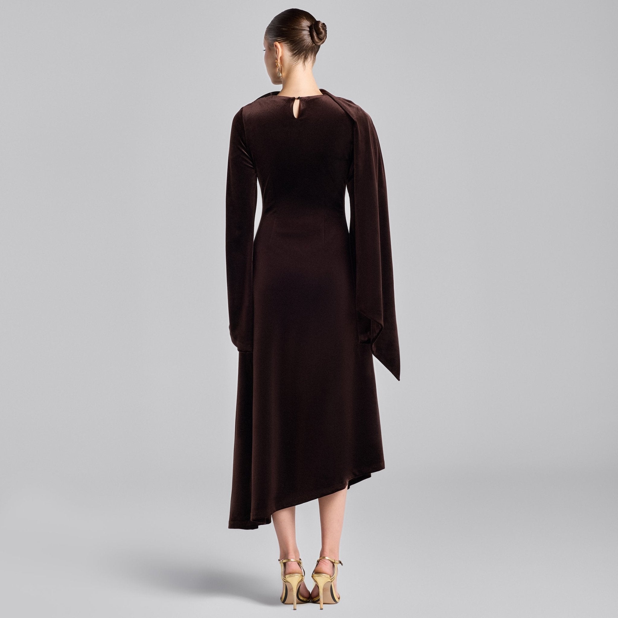 Brown Cowl Neck Draped Velvet Midi Dress - shopaleena