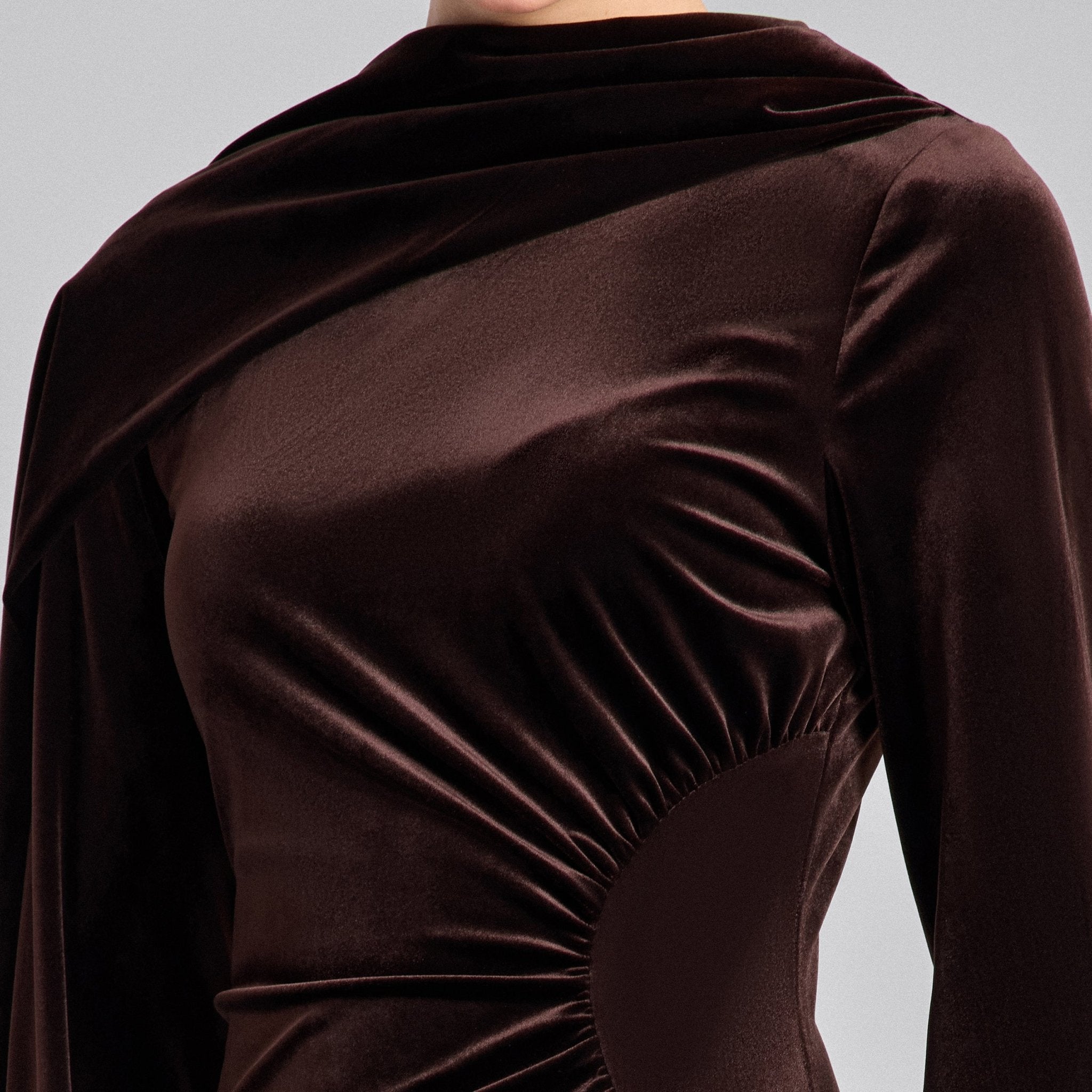 Brown Cowl Neck Draped Velvet Midi Dress - shopaleena