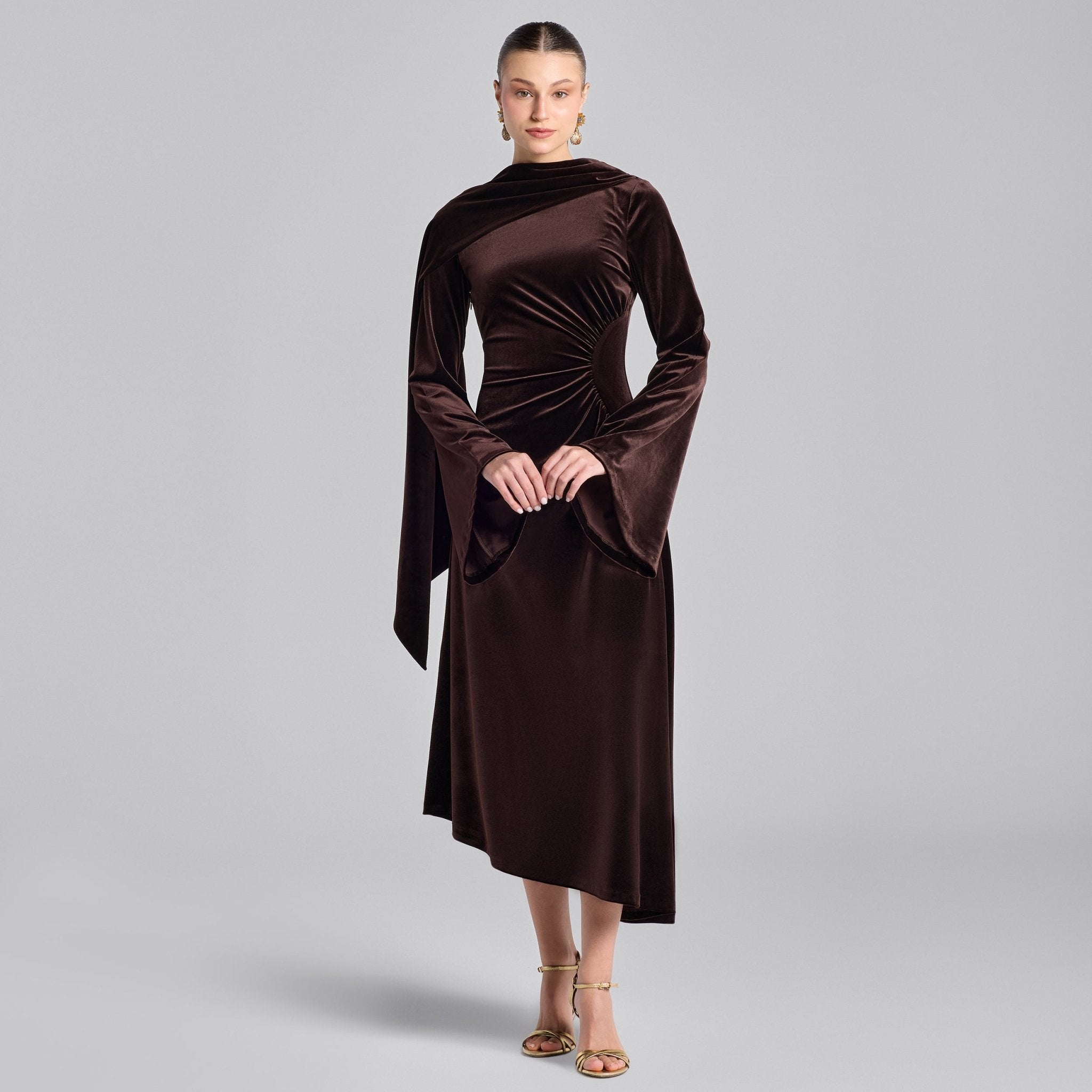Brown Cowl Neck Draped Velvet Midi Dress - shopaleena