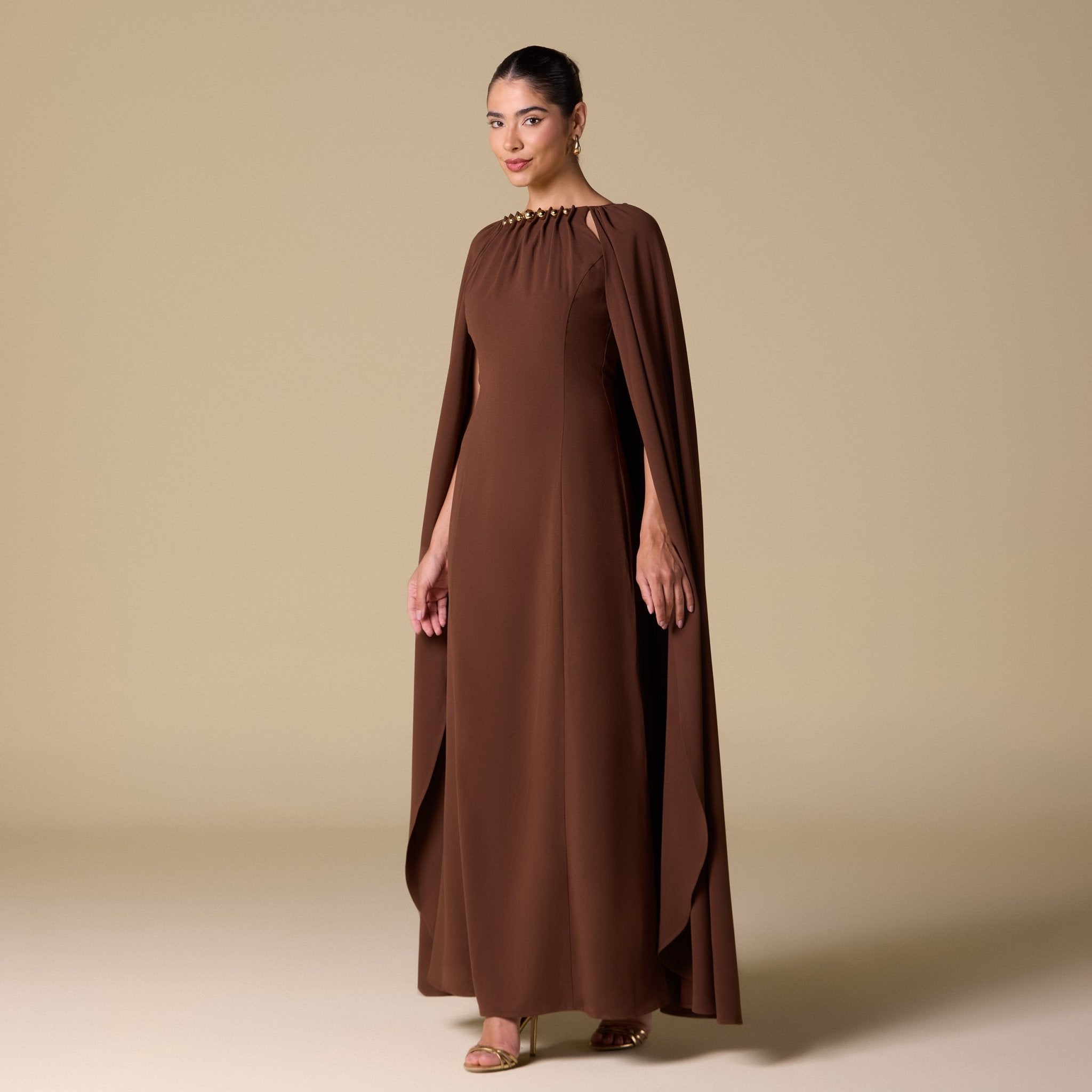 Brown Crepe Cape Maxi Dress with Stone Bead Neckline - shopaleena