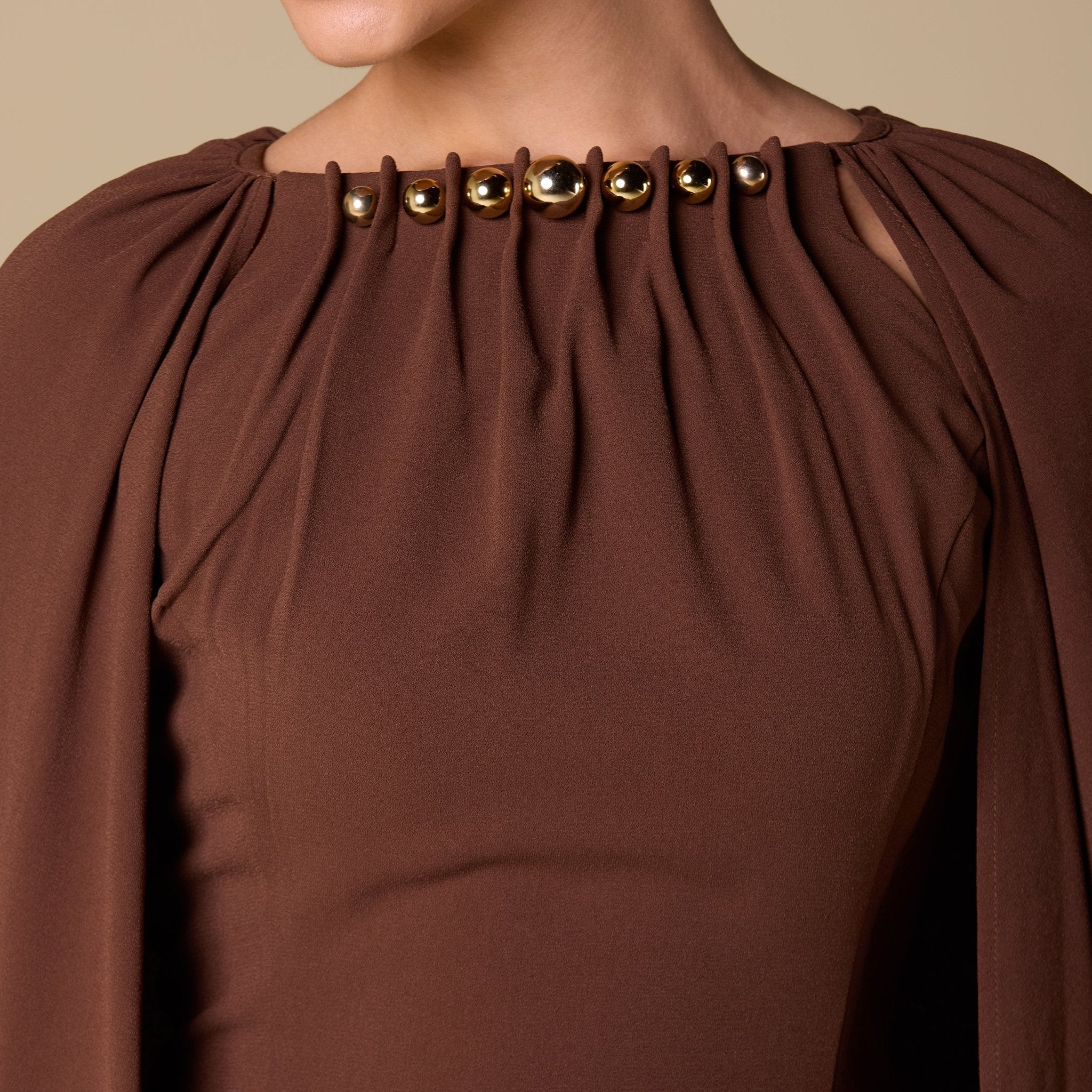 Brown Crepe Cape Maxi Dress with Stone Bead Neckline - shopaleena