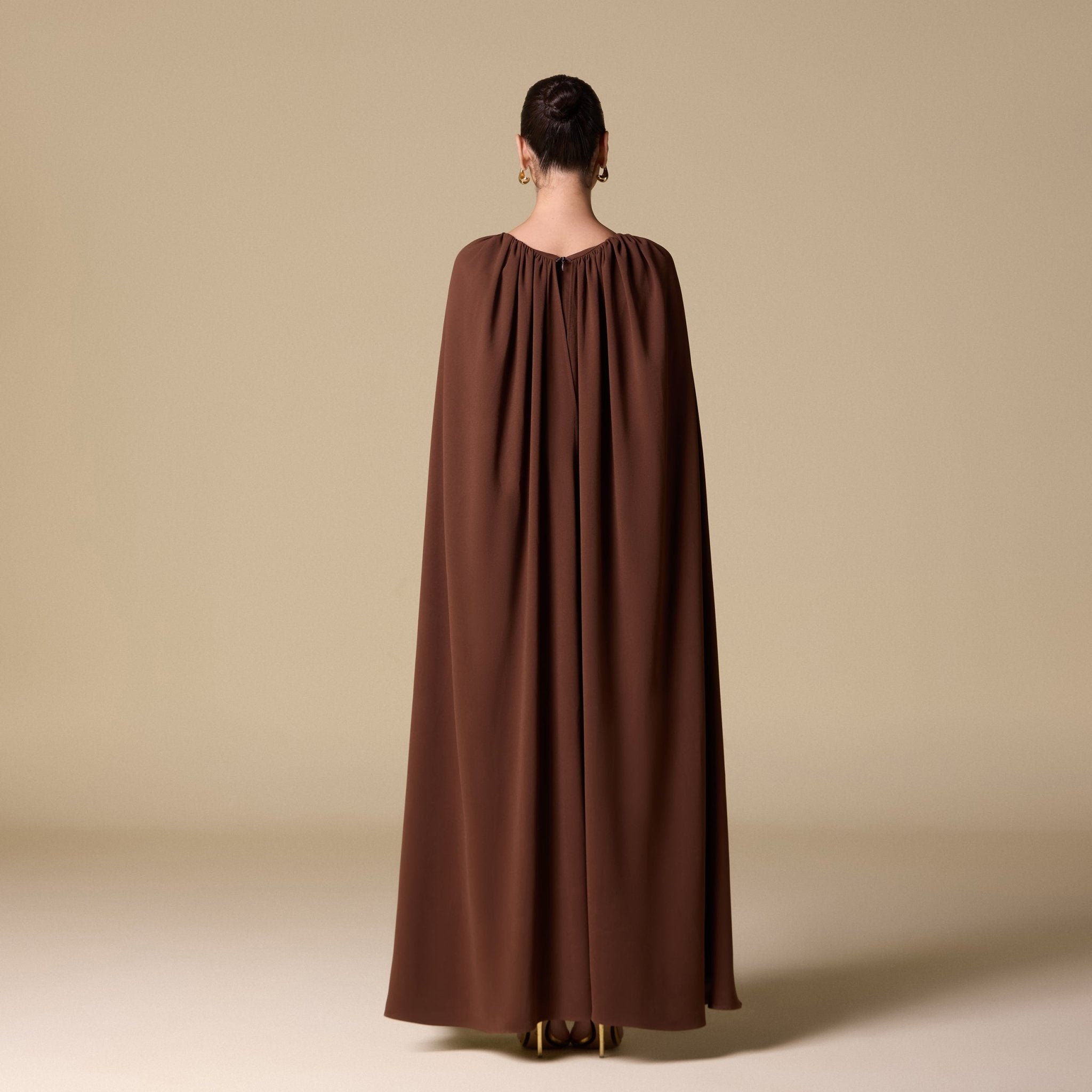 Brown Crepe Cape Maxi Dress with Stone Bead Neckline - shopaleena