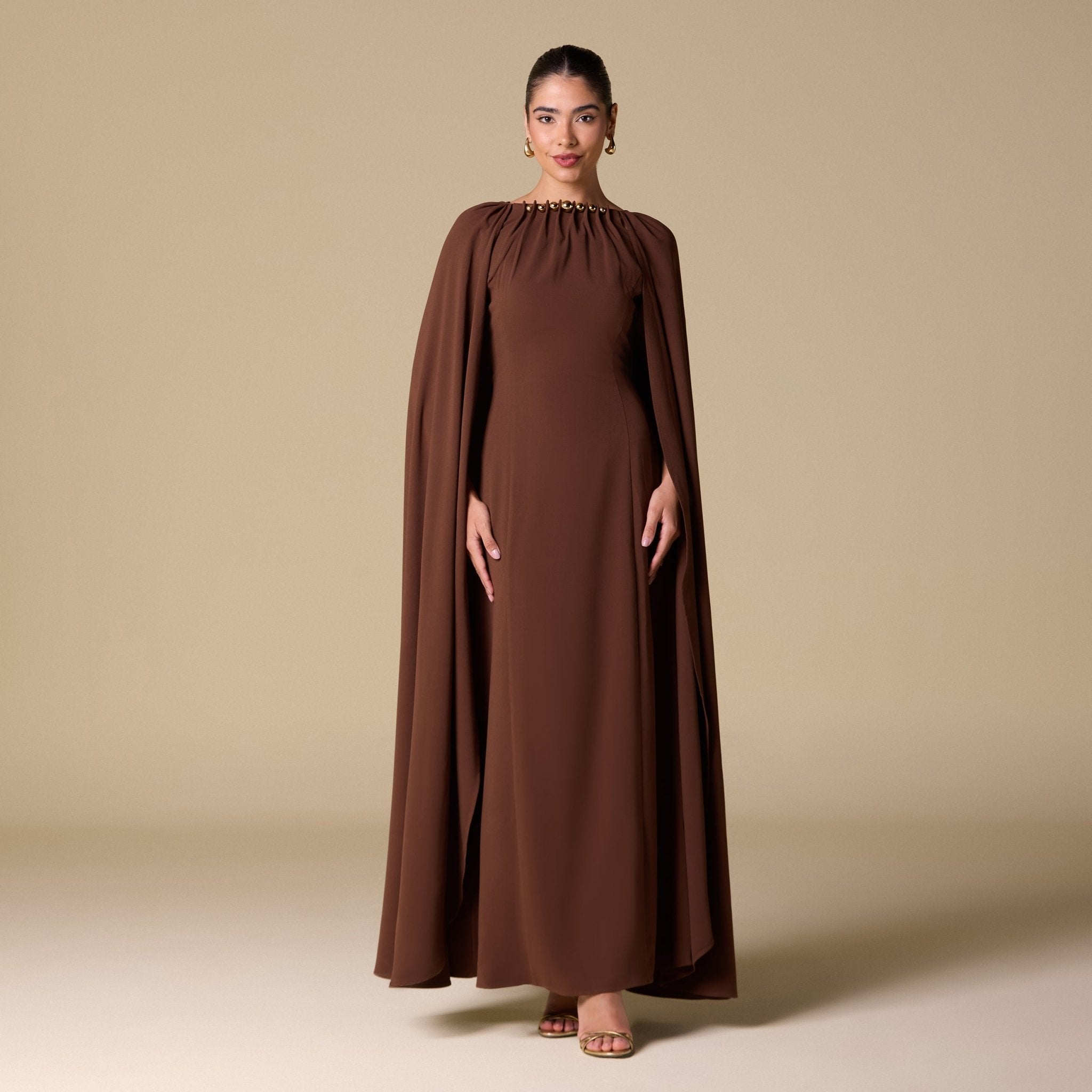 Brown Crepe Cape Maxi Dress with Stone Bead Neckline - shopaleena