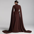 Brown Crepe & Chiffon Cape Sleeve Gown - shopaleena