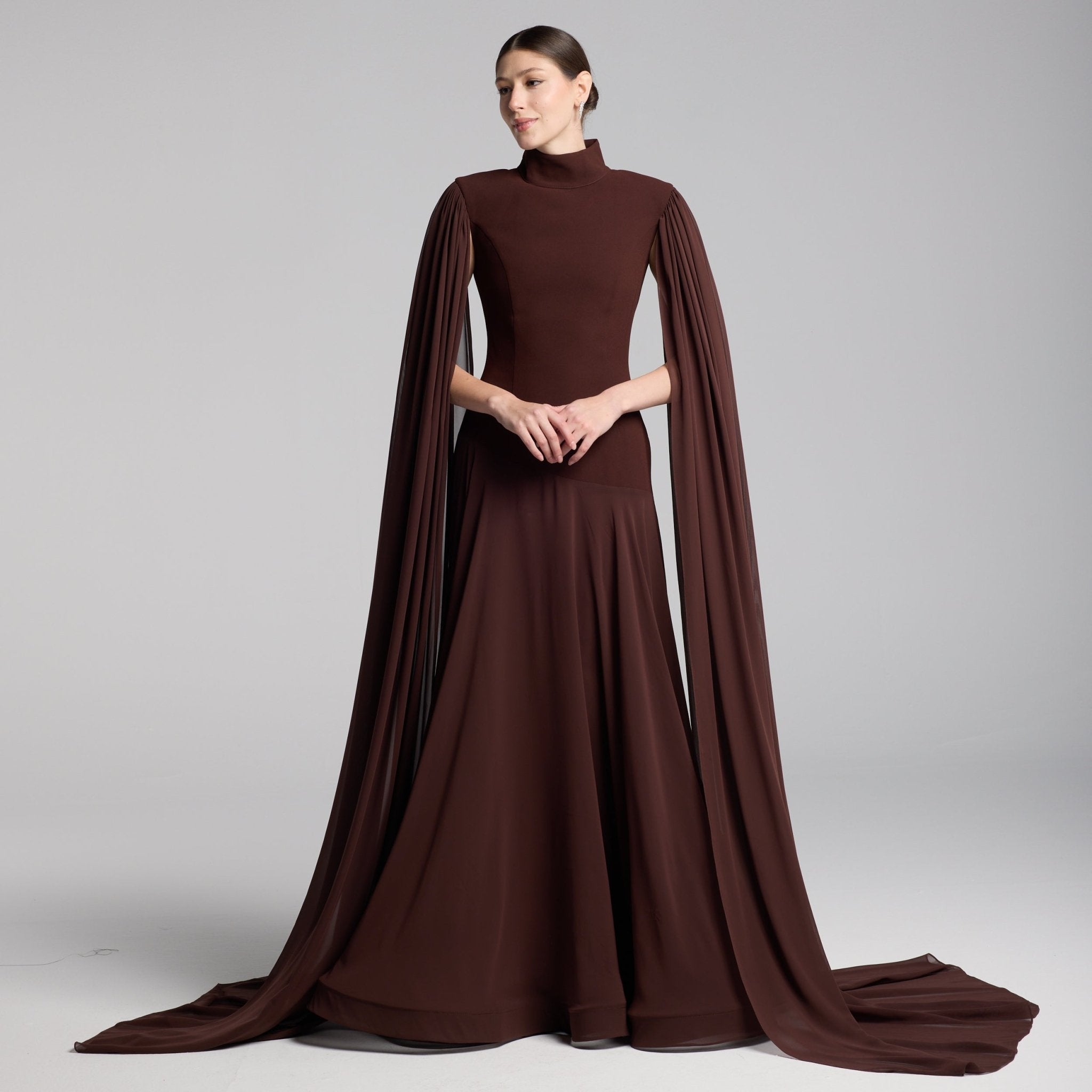 Brown Crepe & Chiffon Cape Sleeve Gown - shopaleena
