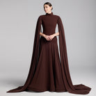 Brown Crepe & Chiffon Cape Sleeve Gown - shopaleena
