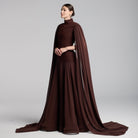 Brown Crepe & Chiffon Cape Sleeve Gown - shopaleena