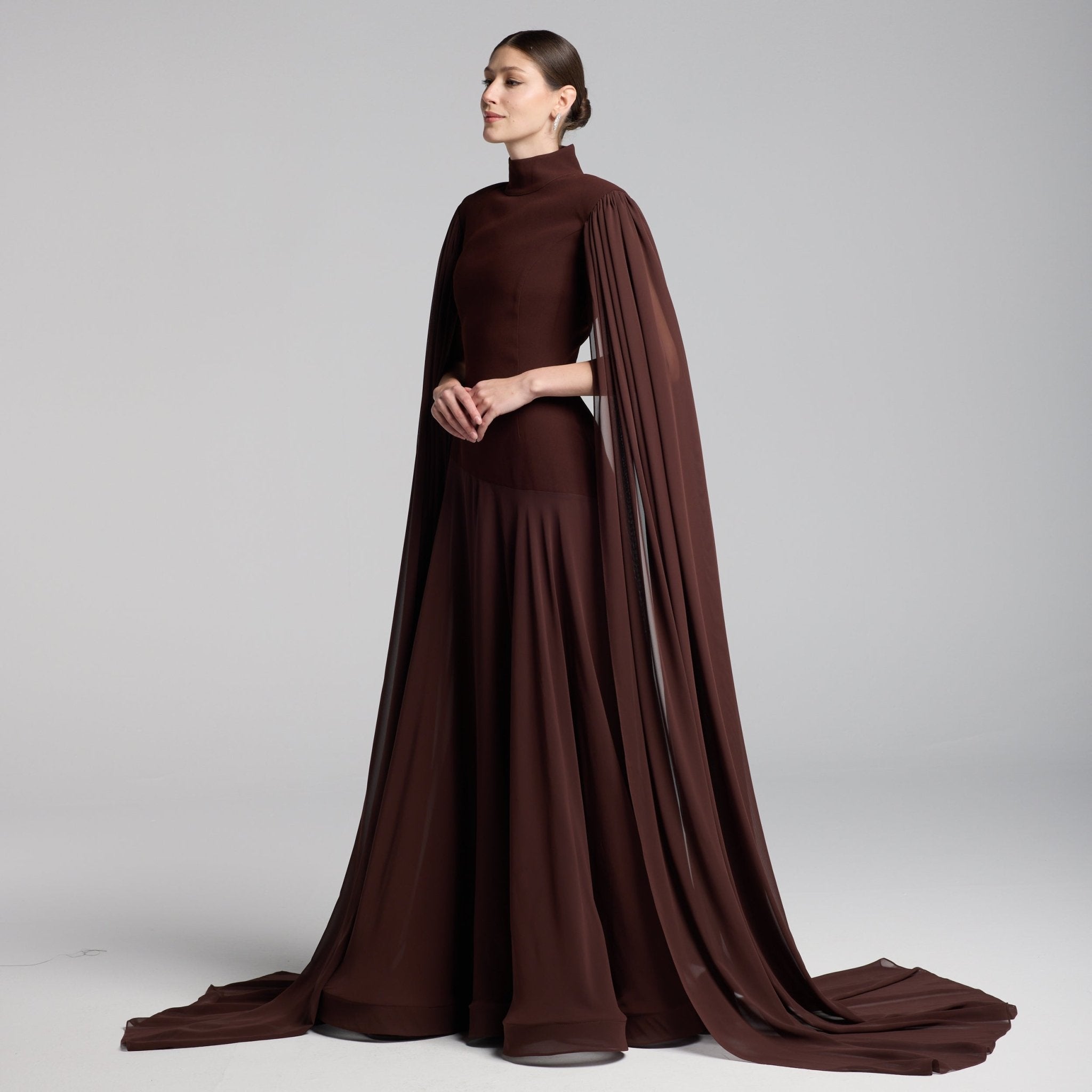 Brown Crepe & Chiffon Cape Sleeve Gown - shopaleena