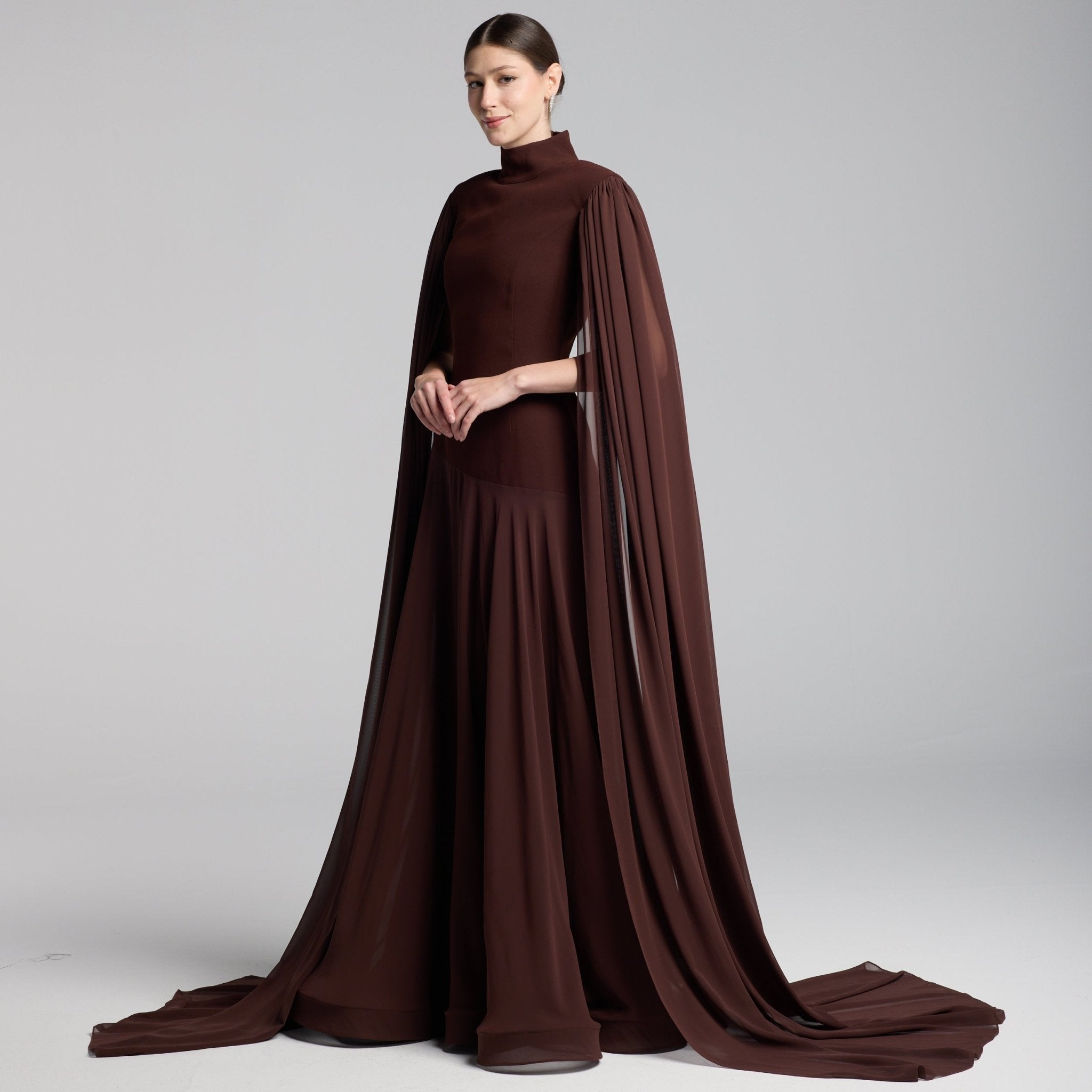 Brown Crepe & Chiffon Cape Sleeve Gown - shopaleena