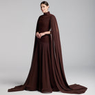 Brown Crepe & Chiffon Cape Sleeve Gown - shopaleena