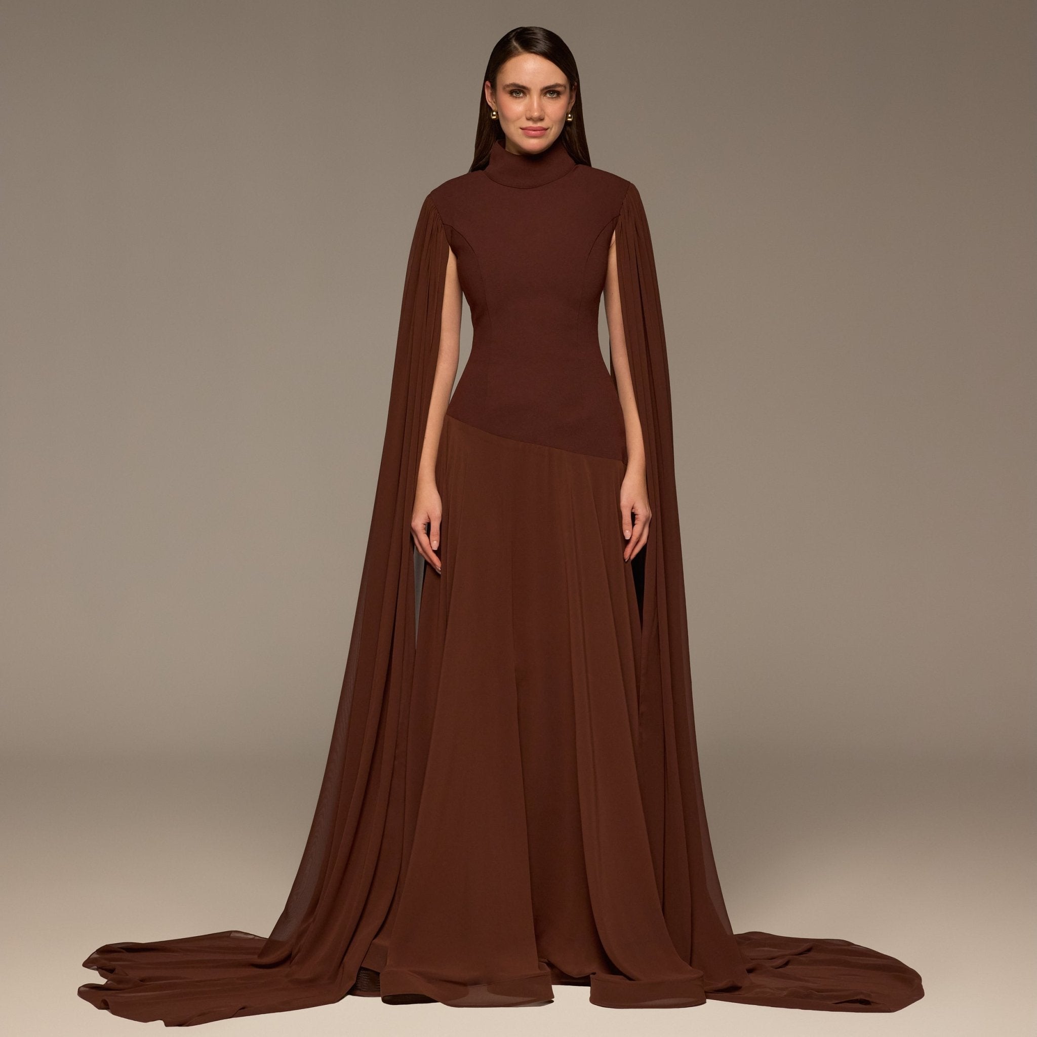 Brown Crepe & Chiffon Cape Sleeve Gown - shopaleena