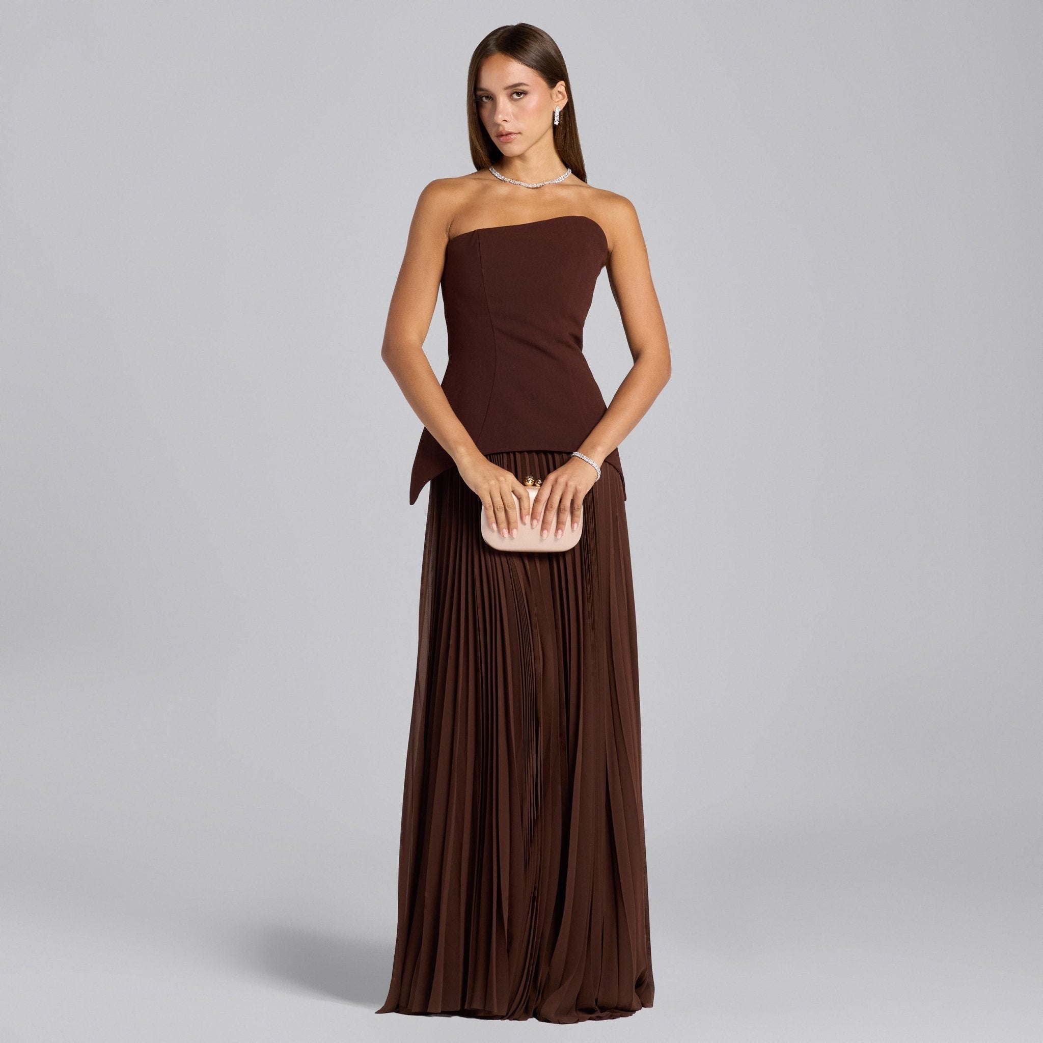 Brown Crepe & Chiffon One Shoulder Dress with Pleated Skirt - shopaleena