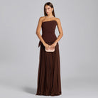 Brown Crepe & Chiffon One Shoulder Dress with Pleated Skirt - shopaleena