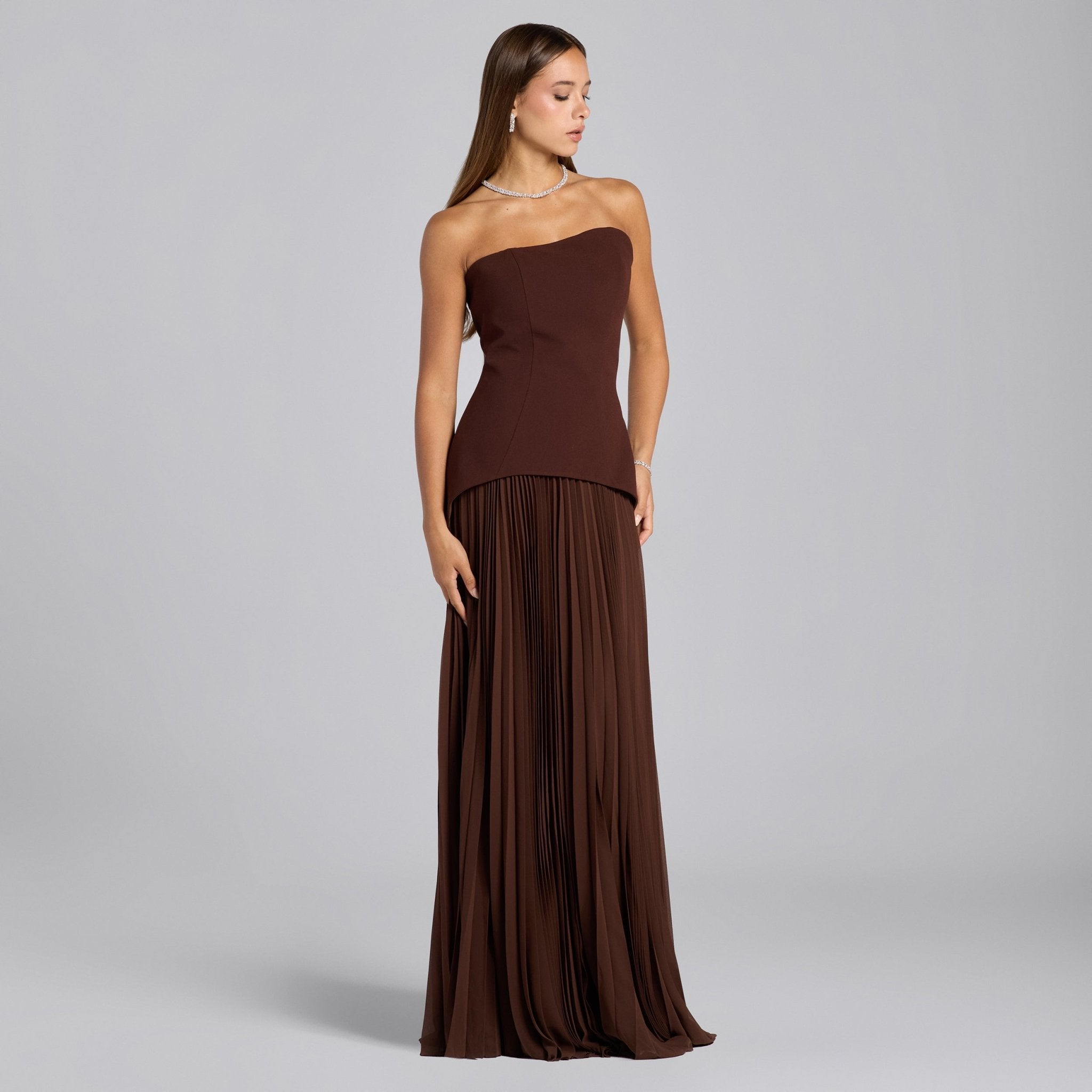 Brown Crepe & Chiffon One Shoulder Dress with Pleated Skirt - shopaleena