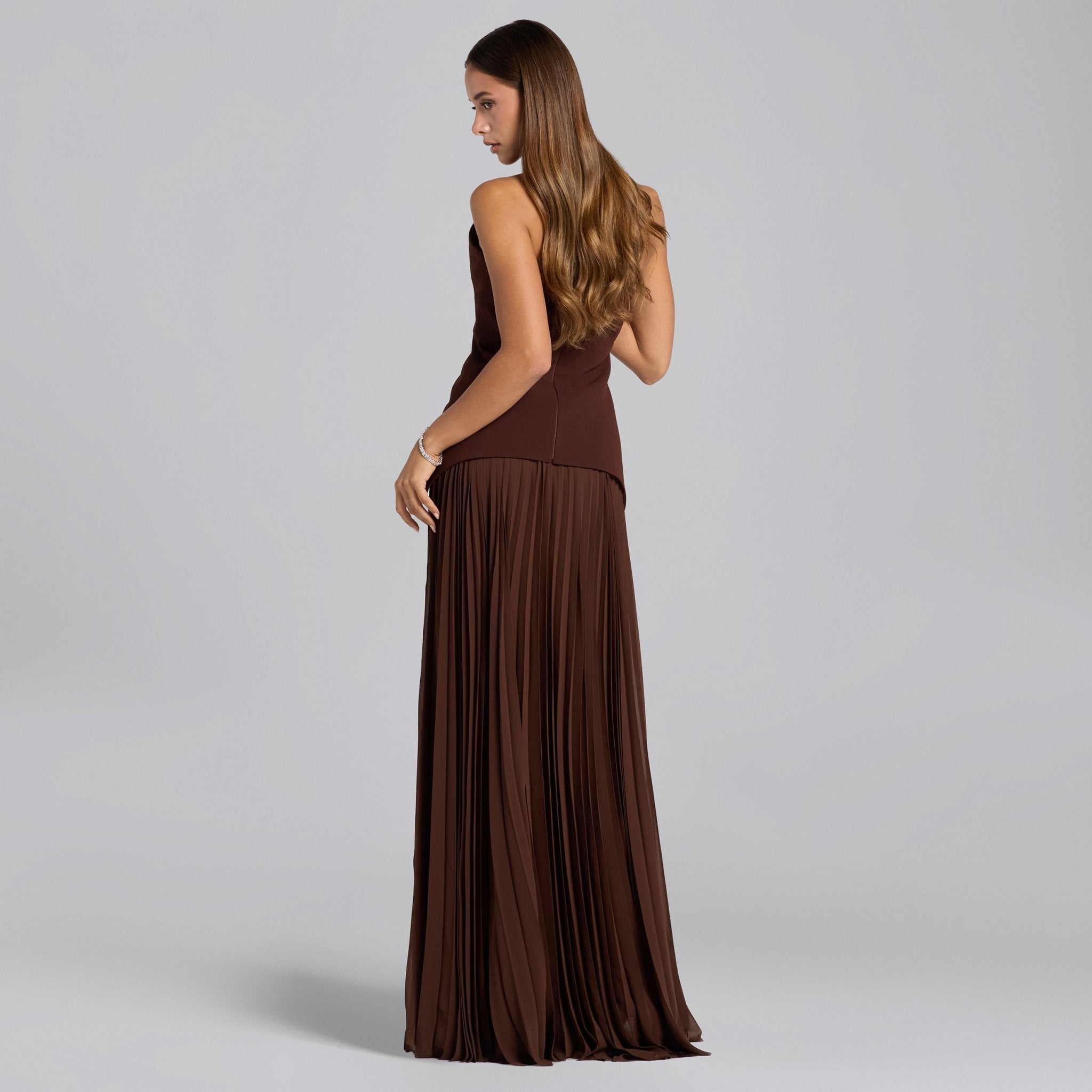 Brown Crepe & Chiffon One Shoulder Dress with Pleated Skirt - shopaleena
