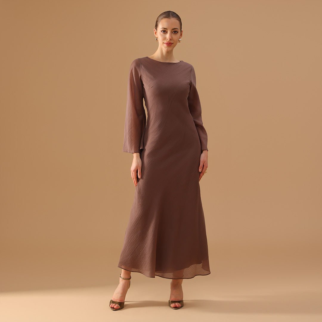 Brown Crepe Dress with Flared Long Sleeves - shopaleena