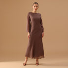 Brown Crepe Dress with Flared Long Sleeves - shopaleena