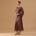 Brown Crepe Dress with Flared Long Sleeves - shopaleena