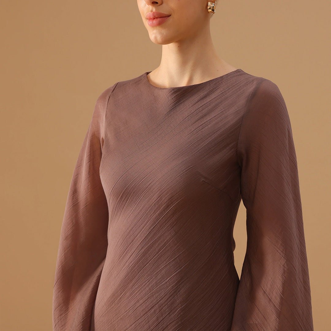 Brown Crepe Dress with Flared Long Sleeves - shopaleena