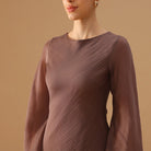 Brown Crepe Dress with Flared Long Sleeves - shopaleena