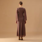 Brown Crepe Dress with Flared Long Sleeves - shopaleena